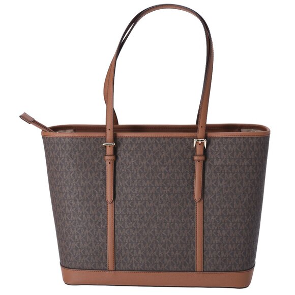 Michael Kors Jet Set Travel Large Shoulder Tote Handbag Bag Zip Brown Signature - Picture 4 of 6